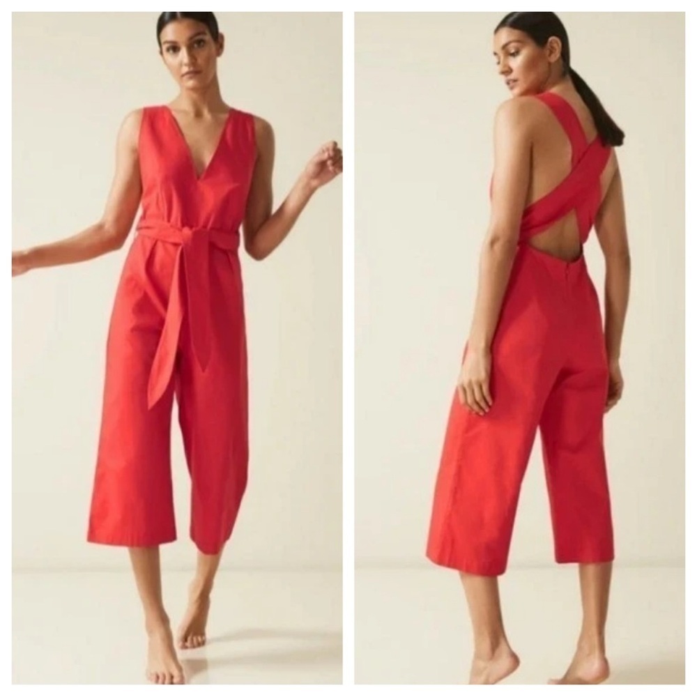 New! REISS Daphne Red plunge Tie Neck wide leg Jumpsuit Size 6 41328